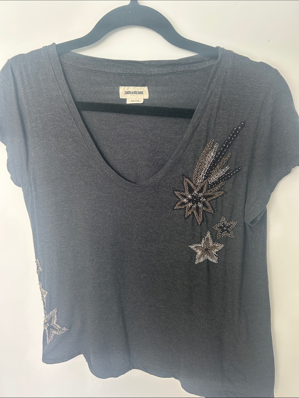 Zadig & Voltaire Dark Grey Short Sleeve V-Neck Tee with Star Embellishments